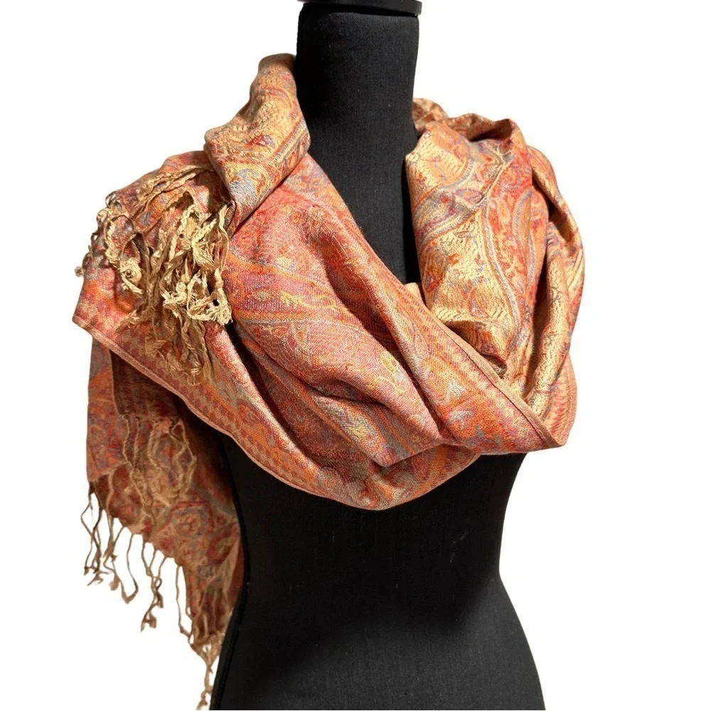 Elegant Shawl in Golden Paisley- Versatile Wrap, Stole, Scarf, Veil Soft Rayon